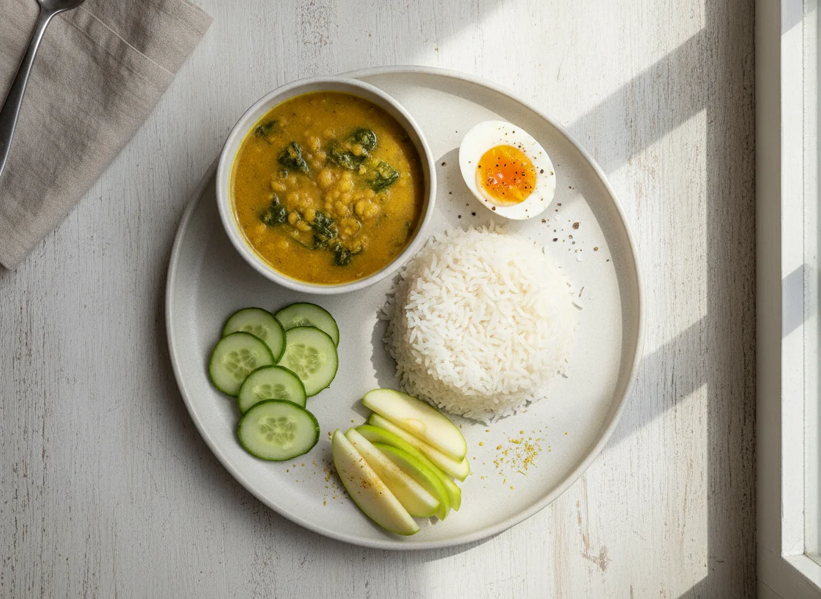 Indian Thali with Rice, Dal, Egg, and Salad photo