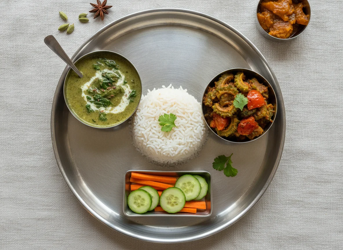 Indian Thali with Rice, Dal Palak, Vegetable Sabzi, and Salad photo