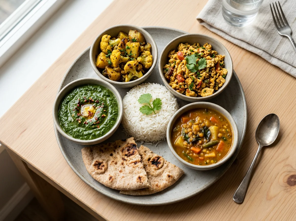 Indian Thali with Rice, Dal, Saag, and Egg Bhurji photo