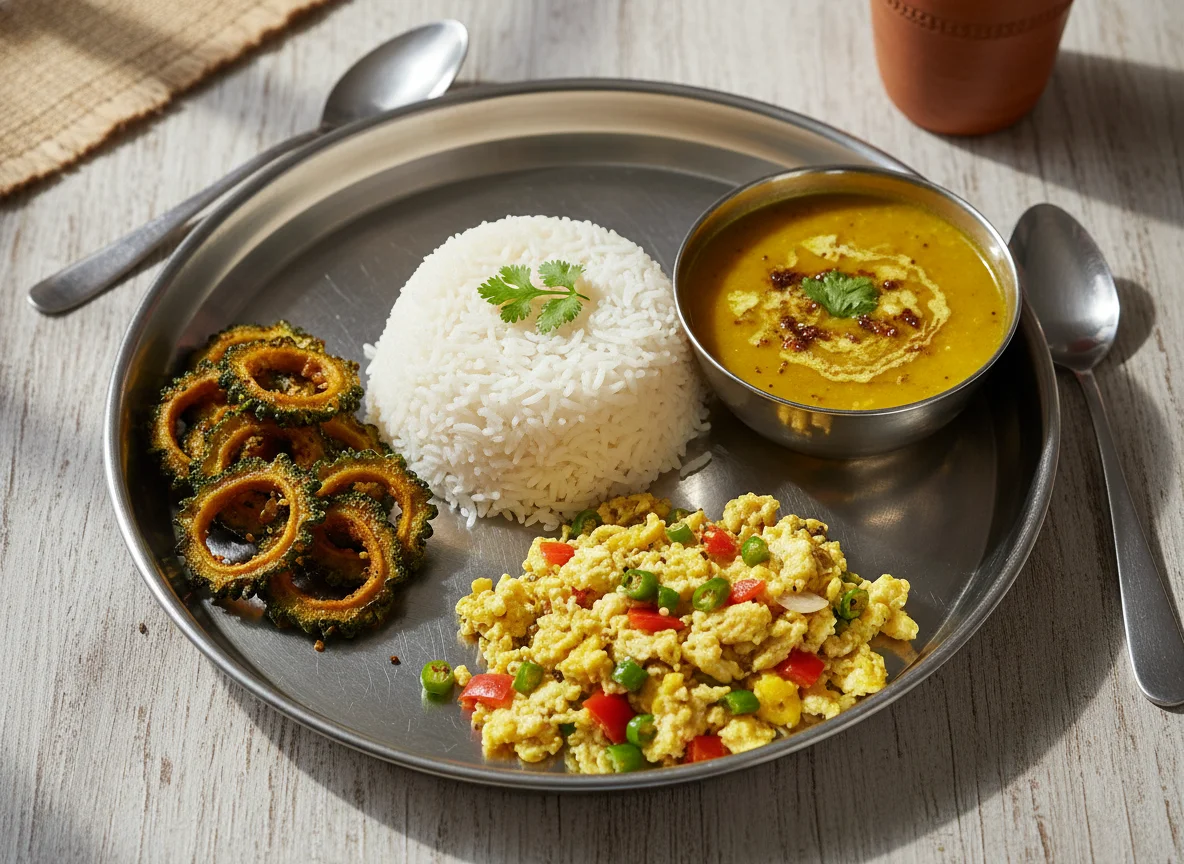 Indian Thali with Rice, Dal, Scrambled Eggs, and Bitter Gourd Fry photo