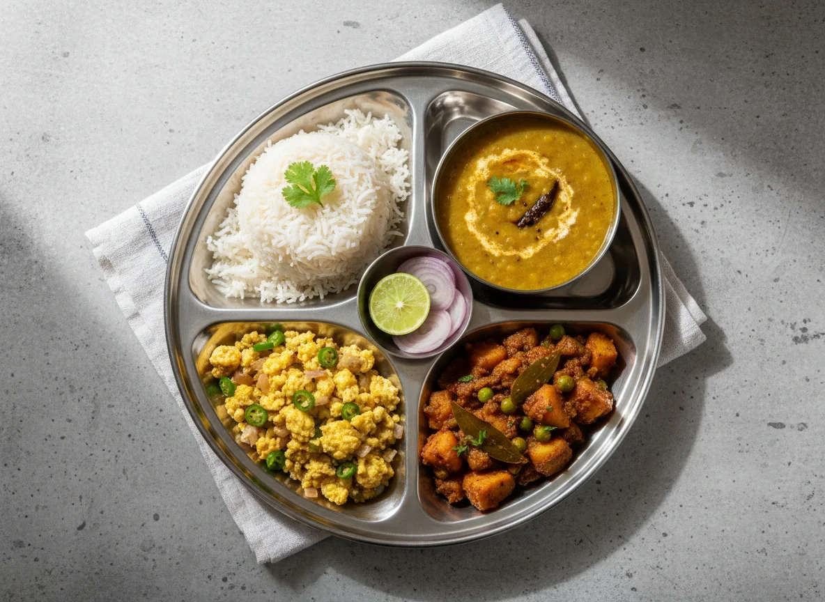 Indian Thali with Rice, Dal, Scrambled Eggs, and Soya Chunk Curry photo