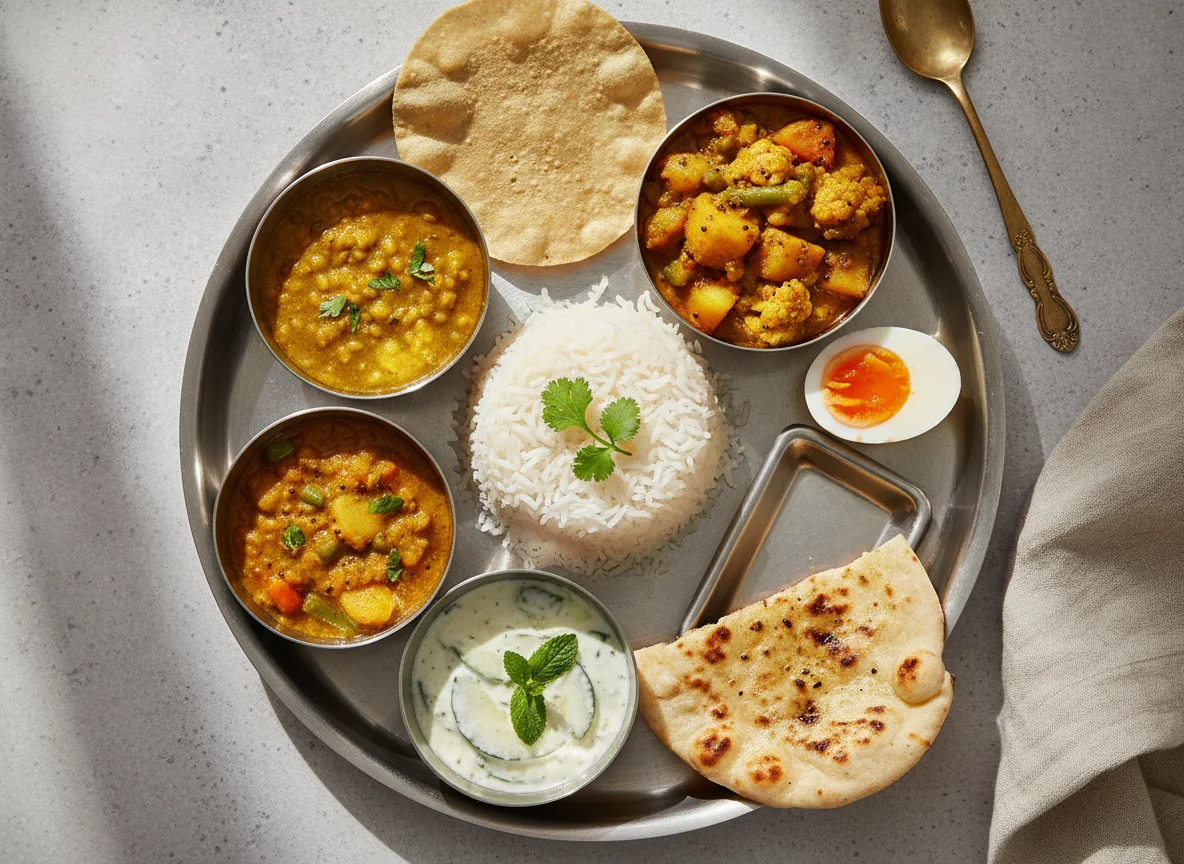Indian Thali with Rice, Egg, and Vegetable Curry photo