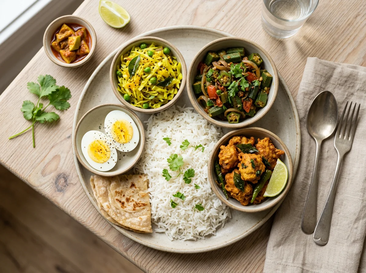 Indian Thali with Rice, Okra Curry, Cabbage Stir-fry, and Fried Chicken/Pakora photo