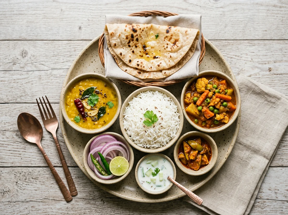 Indian Thali with Rice, Roti, Dal, and Vegetable Curry photo