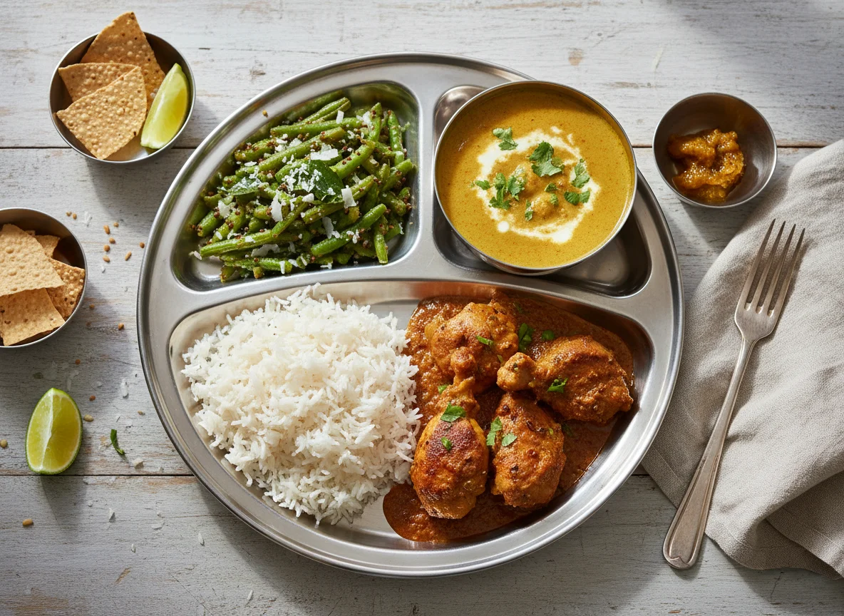 Indian Thali with Rice, Sabzi, Chicken and Gravy photo