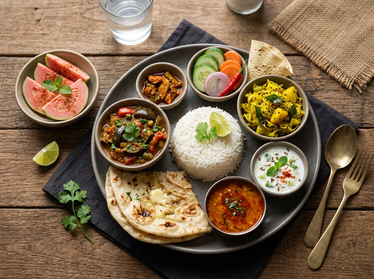 Indian Thali with Rice, Vegetable Curries, Guava, and Raita photo