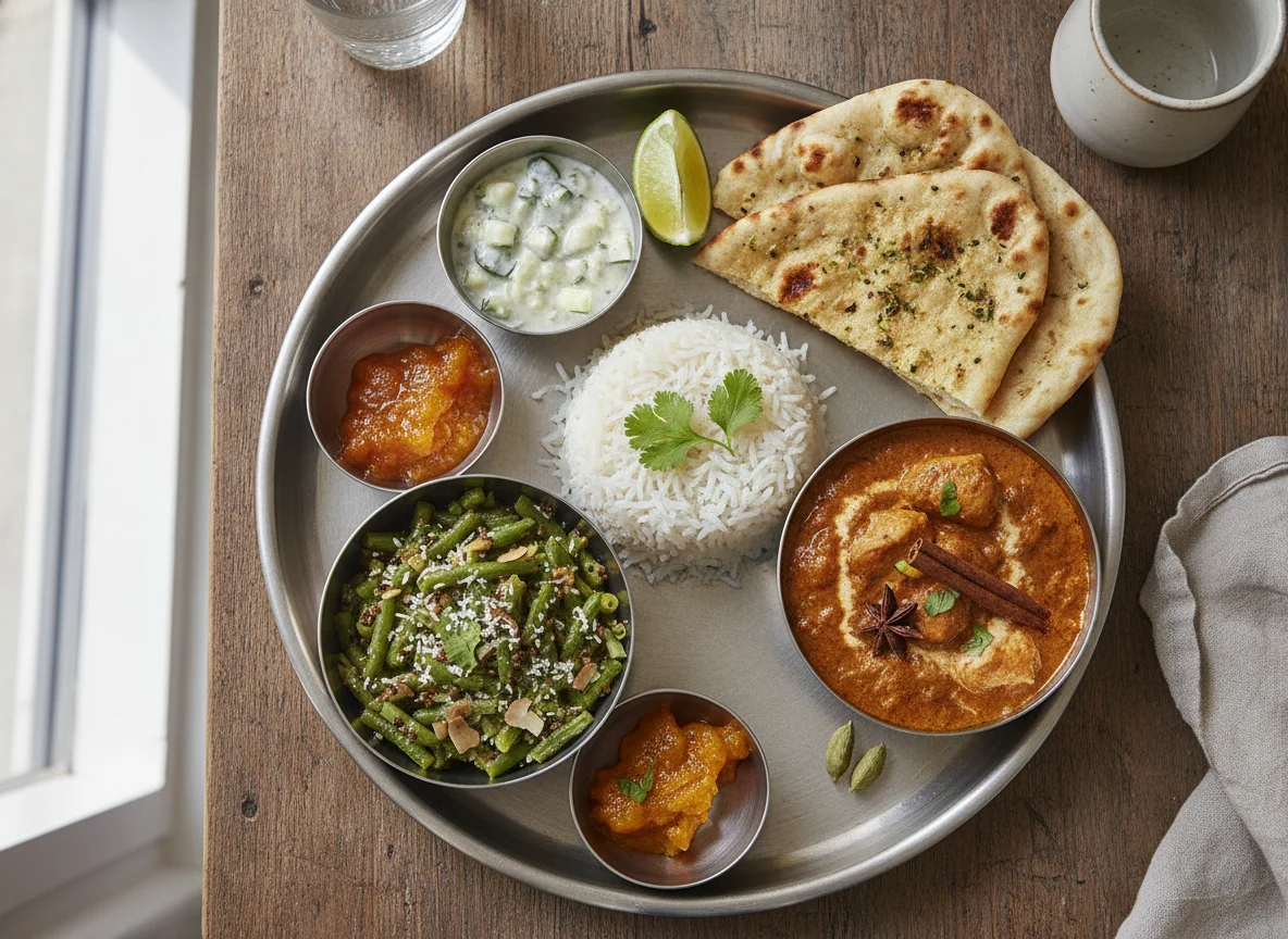Indian Thali with Rice, Vegetable Sabzi, and Chicken Curry photo