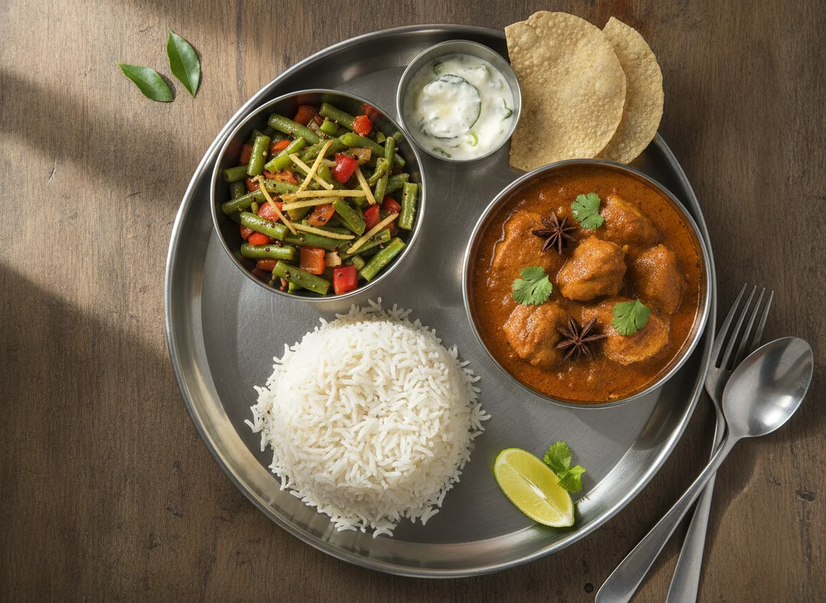 Indian Thali with Rice, Vegetable Stir-fry, and Chicken Curry photo