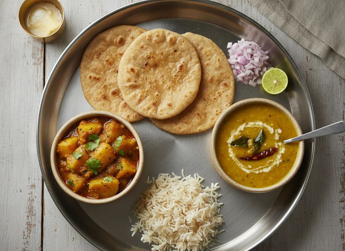 Indian Thali with Roti, Aloo Sabzi, and Dal photo