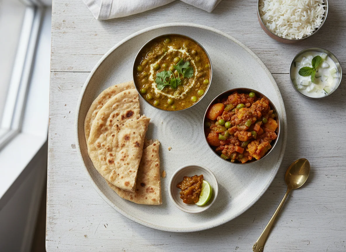 Indian Thali with Roti and Matar Curry photo