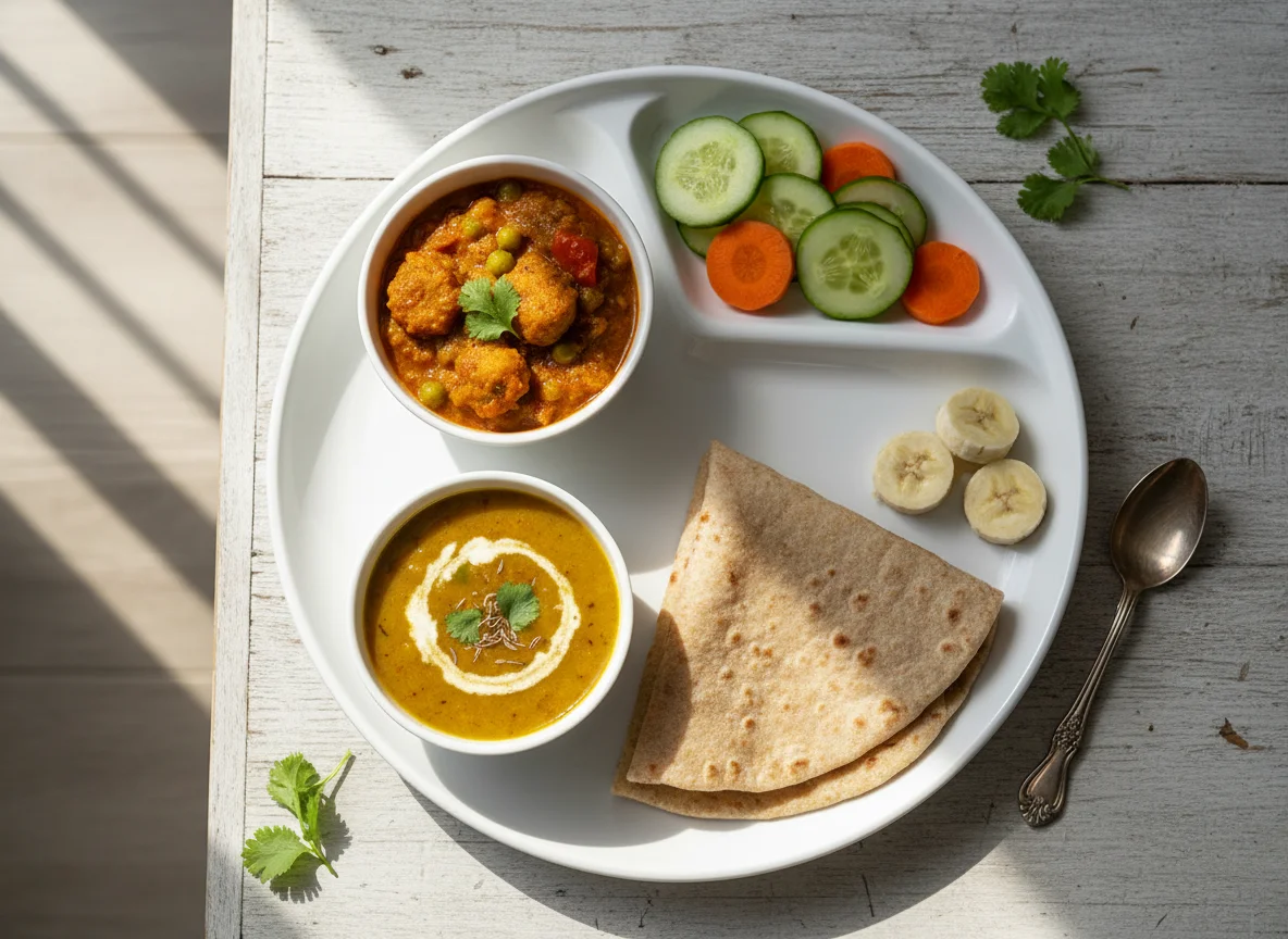 Indian Thali with Roti, Curry, and Salad photo