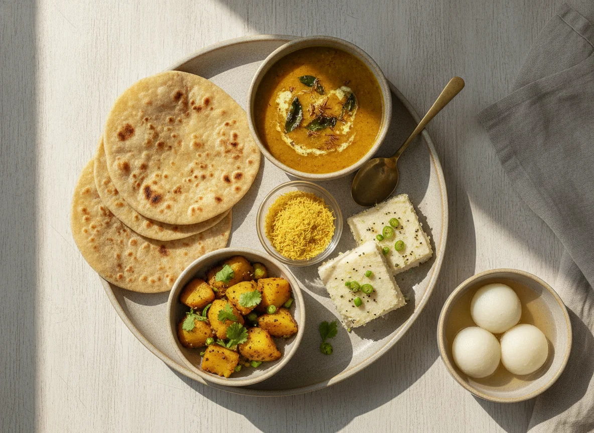 Indian Thali with Roti, Dal, Aloo Sabzi, Sev, and Sweets photo
