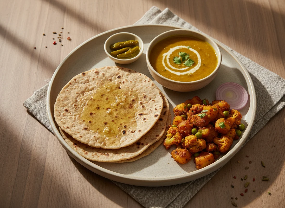Indian Thali with Roti, Dal, and Aloo Sabzi photo