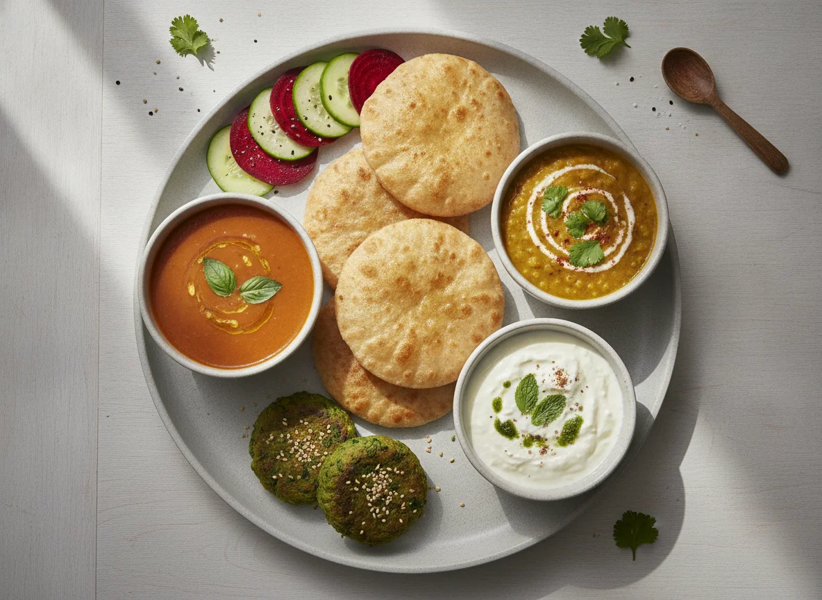 Indian Thali with Roti, Dal, and Curd photo
