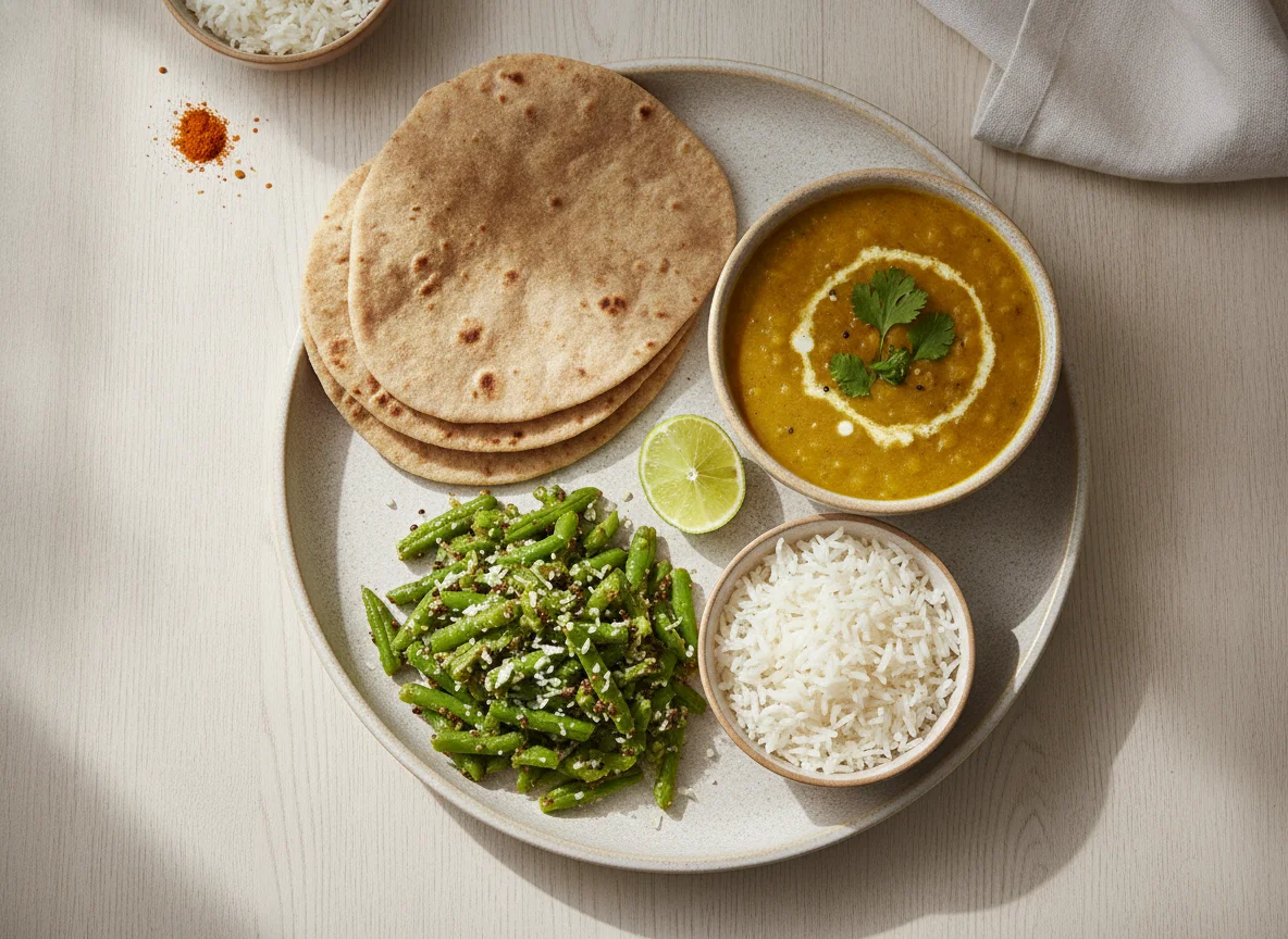 Indian Thali with Roti, Dal, and Green Bean Sabzi photo