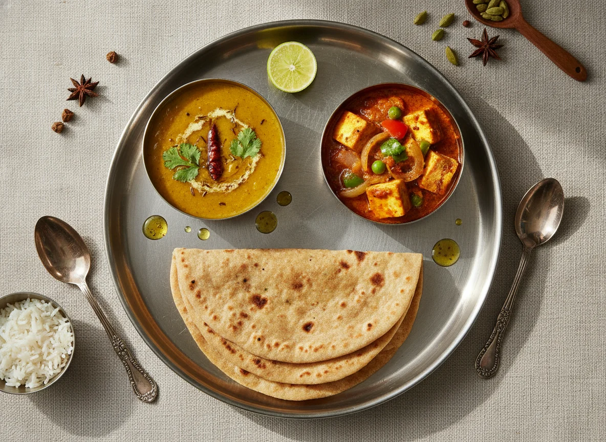 Indian Thali with Roti, Dal, and Paneer Sabzi photo