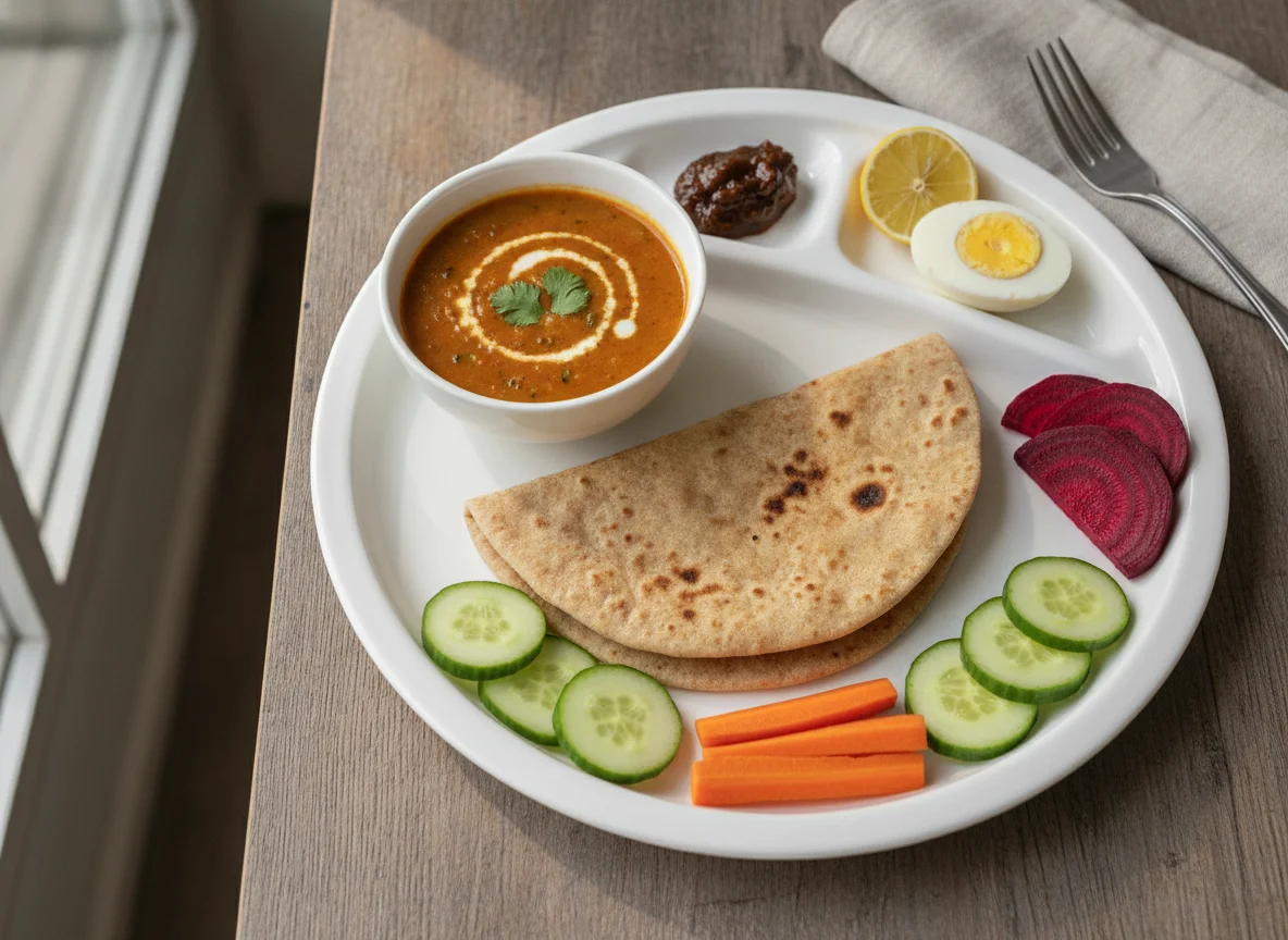 Indian Thali with Roti, Dal, and Salad photo