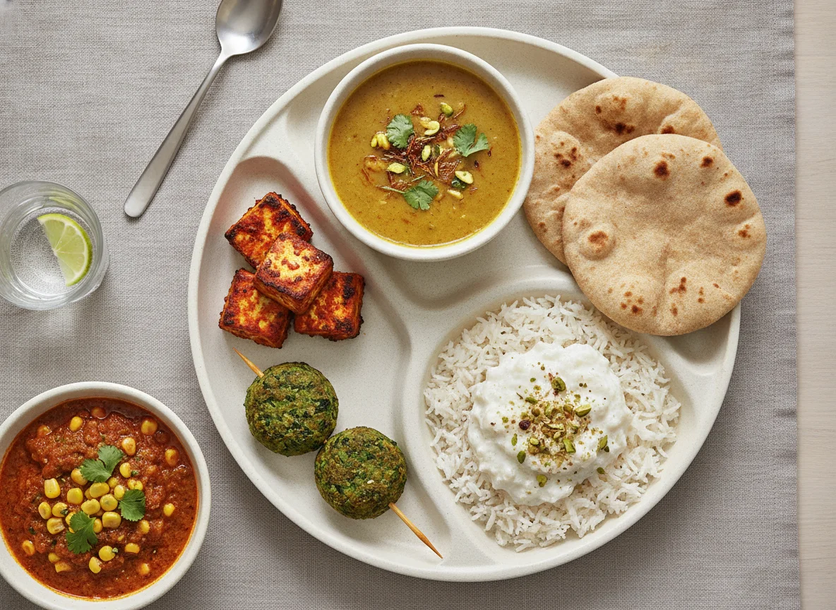 Indian Thali with Roti, Dal, and Sides photo