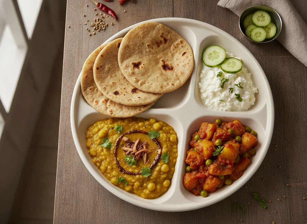 Indian Thali with Roti, Dal, Sabzi, and Curd photo