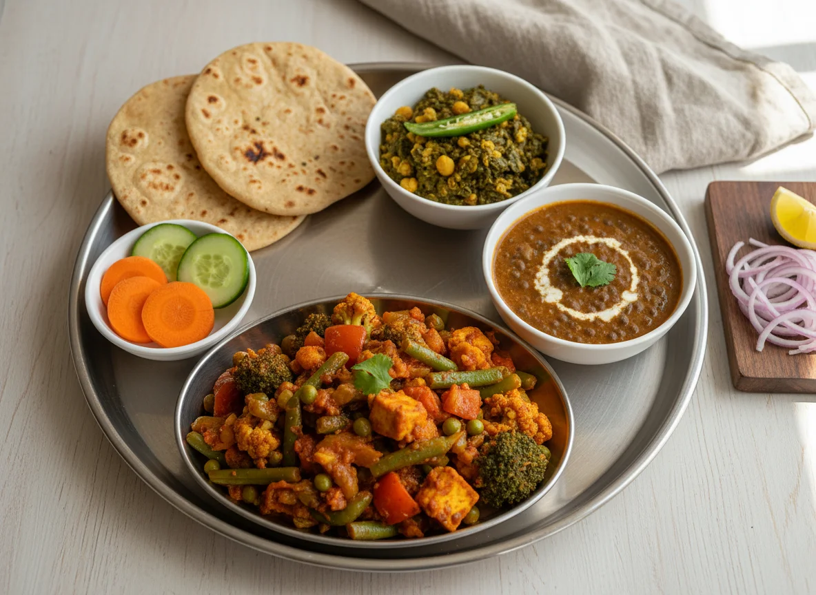 Indian Thali with Roti, Dal, Sabzi, and Salad photo