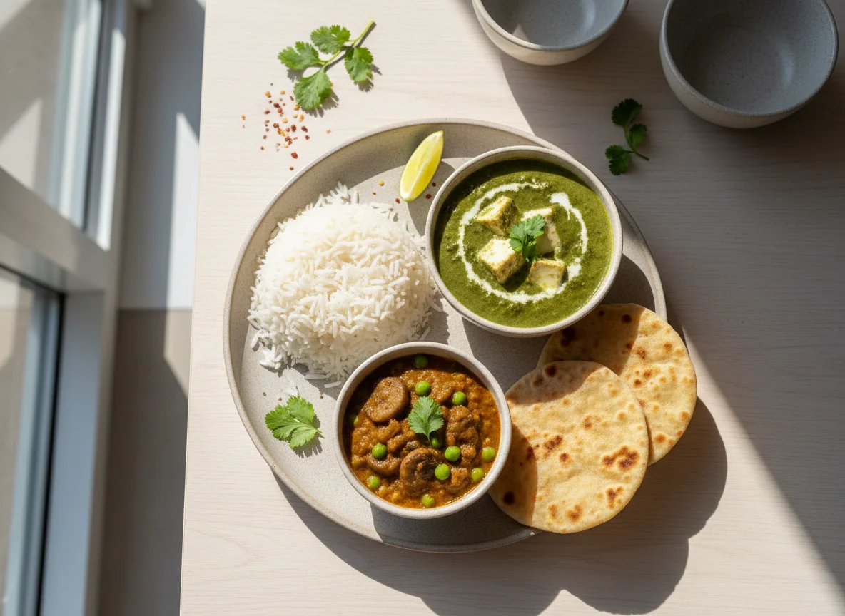 Indian Vegetarian Meal with Rice and Roti photo