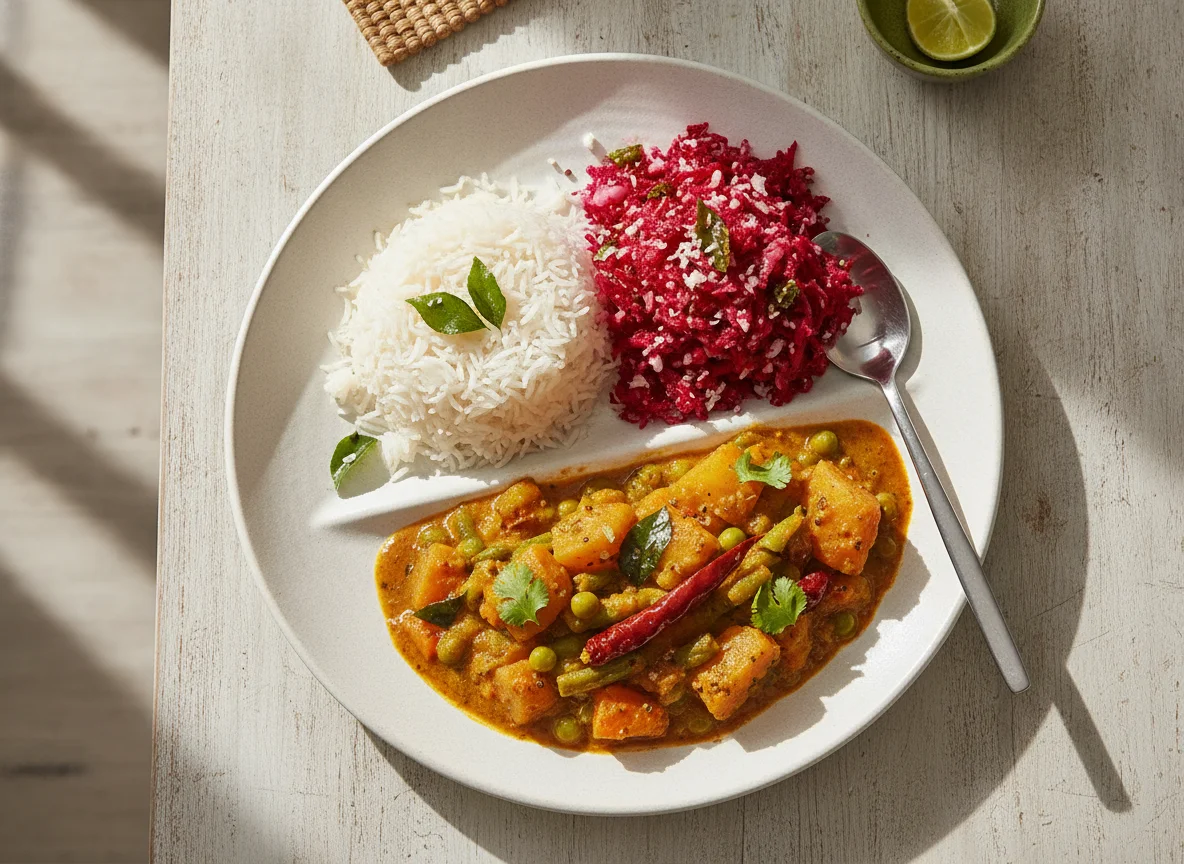 Indian Vegetarian Meal with Rice, Beetroot Thoran, and Vegetable Curry photo