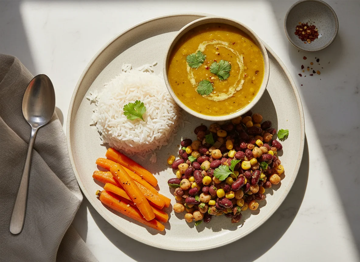 Indian Vegetarian Meal with Rice, Dal, Carrots and Mixed Legumes photo