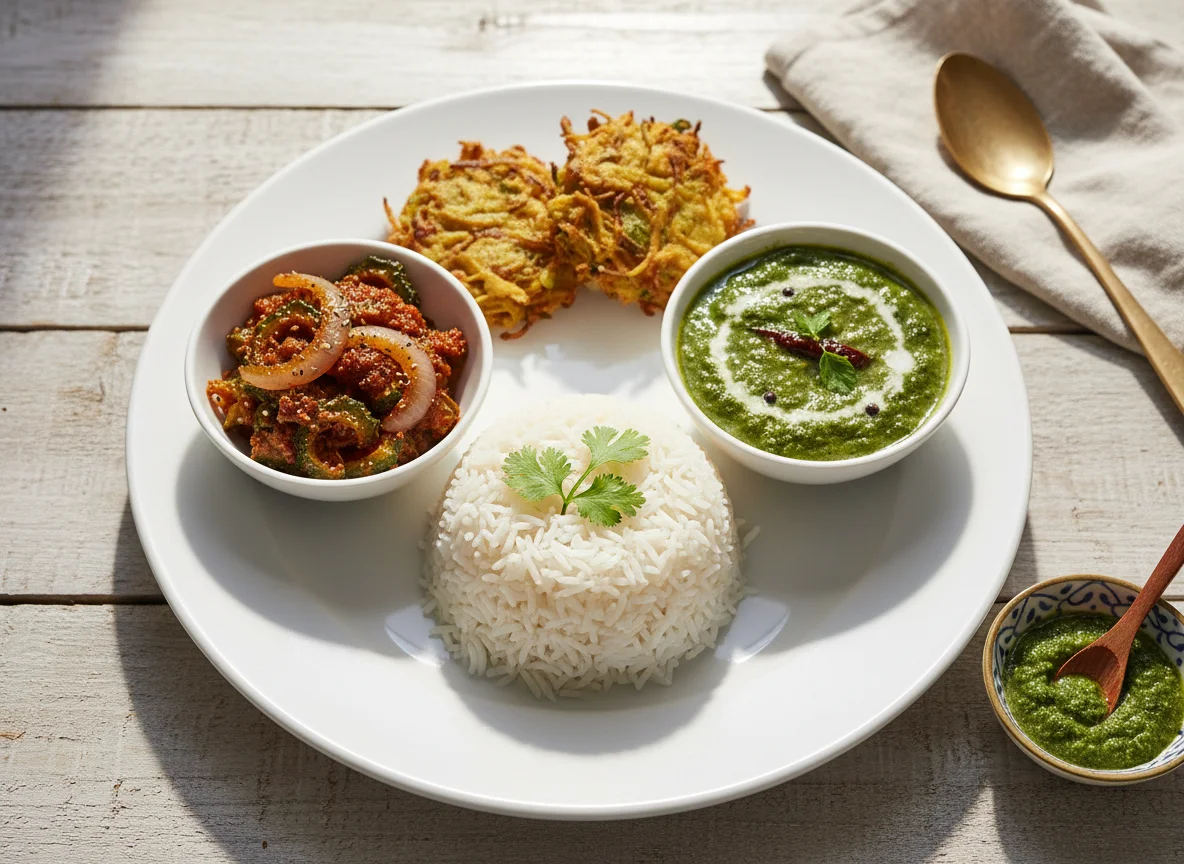 Indian Vegetarian Meal with Rice, Ivy Gourd Stir-fry, Spinach Curry, and Pakora photo