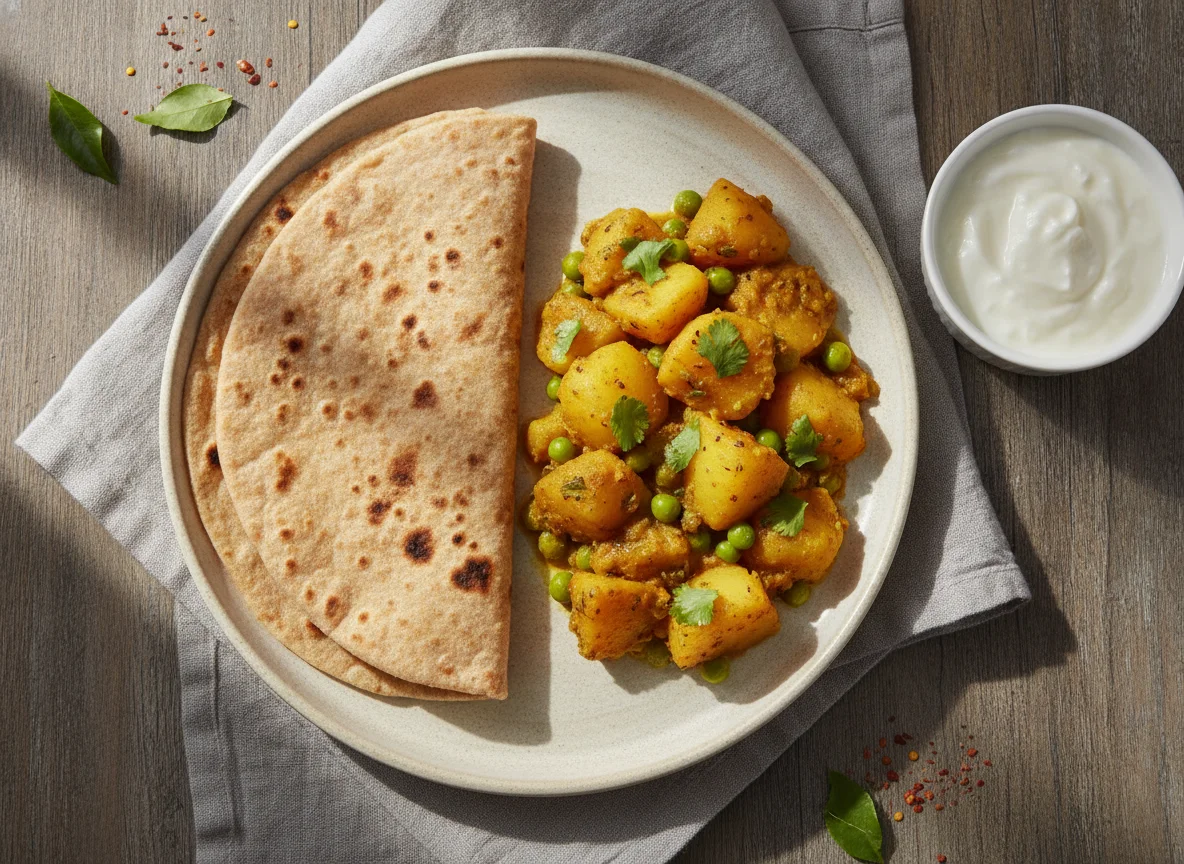Indian/Pakistani style meal with chapati, potato curry, and yogurt photo
