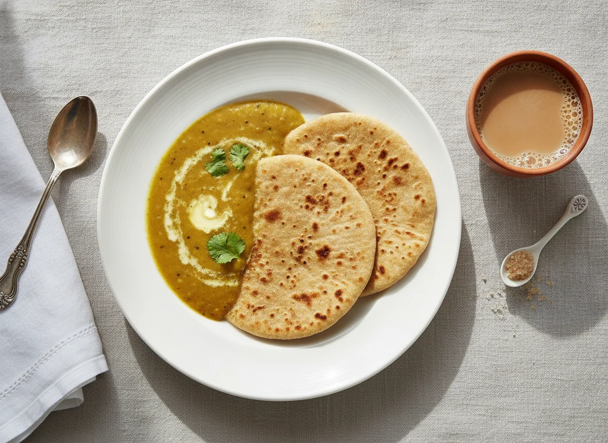 Indian-style breakfast with Dal, Paratha, and Chai photo