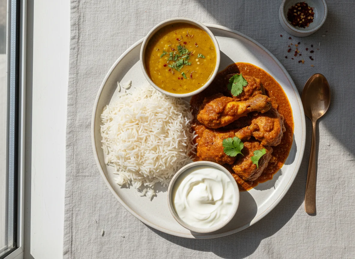 Indian-style Chicken Curry with Rice and Dal photo
