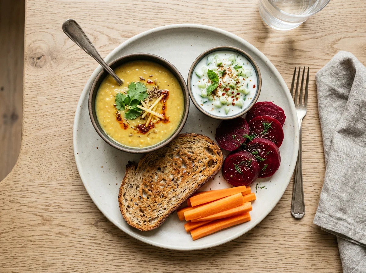 Indian-style meal with dal, raita, toast, and vegetables photo