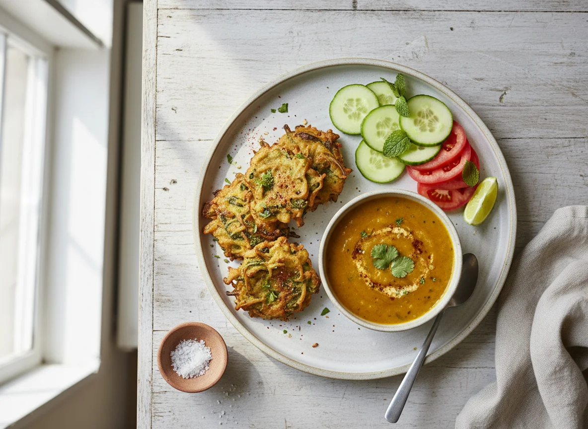 Indian-style meal with fritters, dal, and salad photo
