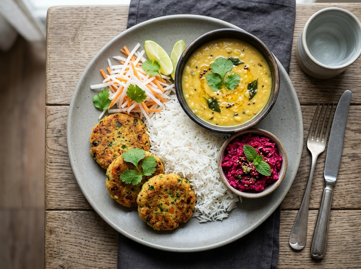 Indian-style meal with vegetable patties, dal, rice, and beetroot relish photo