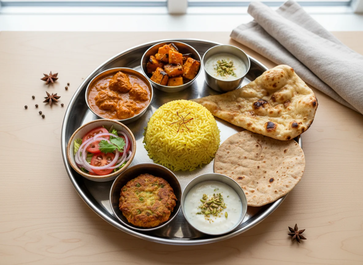 Indian-style Thali with Chicken Curry, Rice, Salad, Flatbread, and Dessert photo