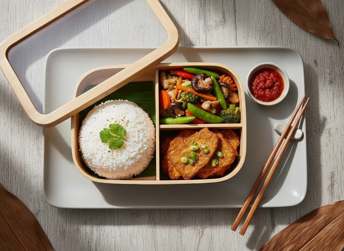 Indonesian Bento Box with Rice, Stir-fried Vegetables, and Fried Tempeh photo
