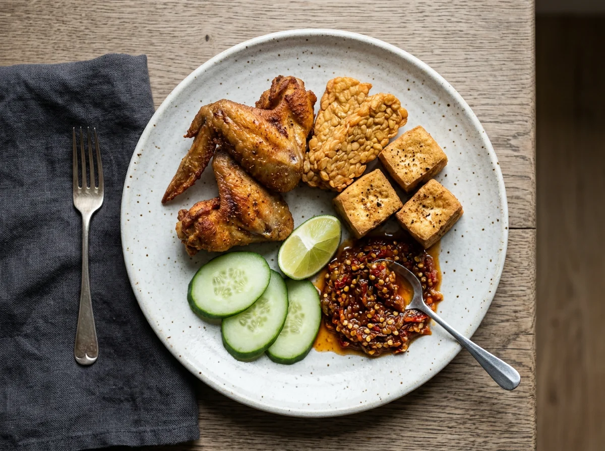Indonesian Fried Chicken with Tempeh and Tofu photo