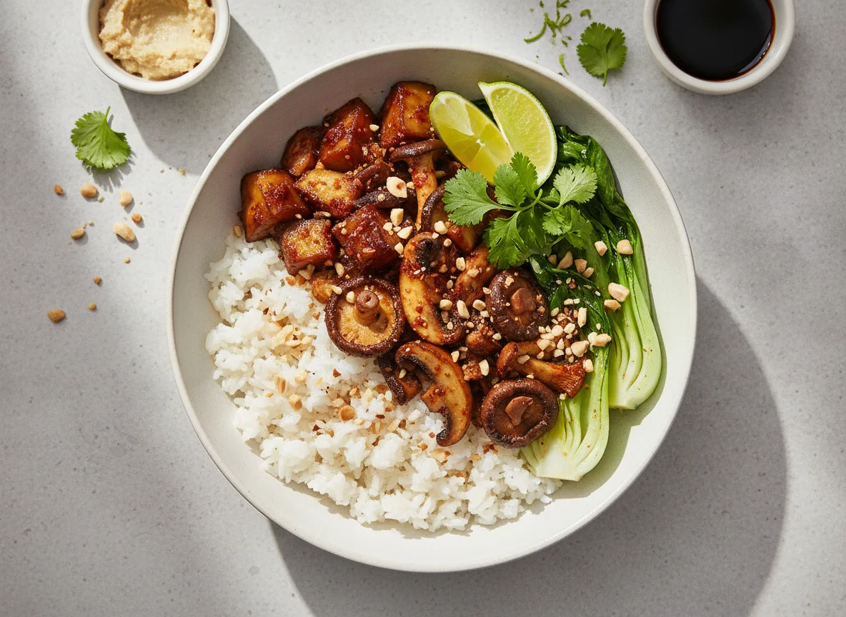 Indonesian Style Mushroom and Aubergine Rice Bowl photo
