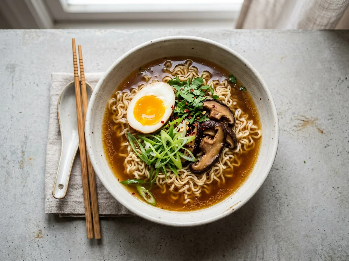 Instant Noodle Soup with Egg and Mushroom photo