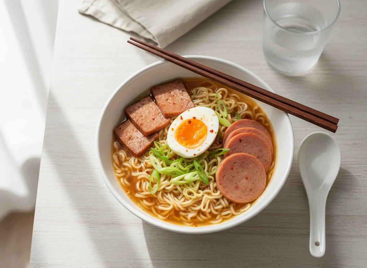 Instant Noodle Soup with Egg and Processed Meat photo