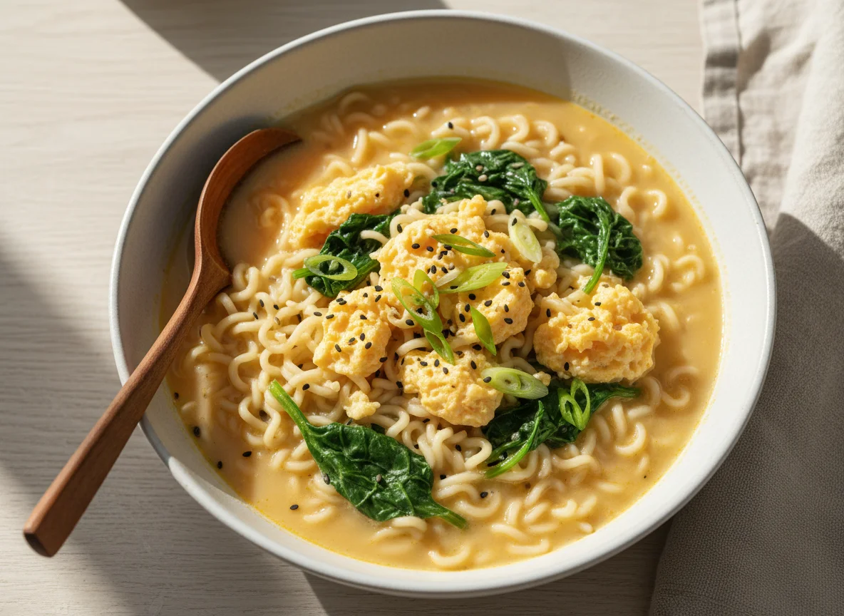 Instant Noodle Soup with Egg and Spinach photo