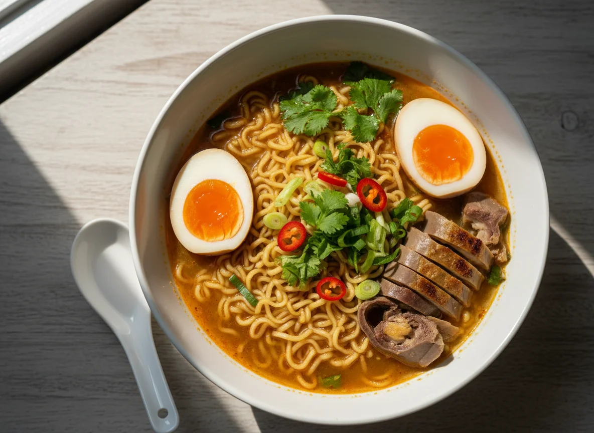 Instant Noodle Soup with Eggs and Chicken Gizzards photo