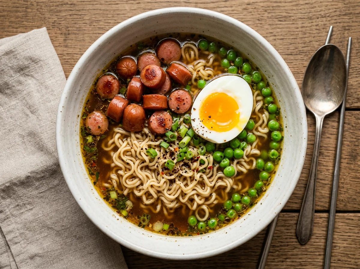 Instant Noodle Soup with Hot Dogs and Eggs photo