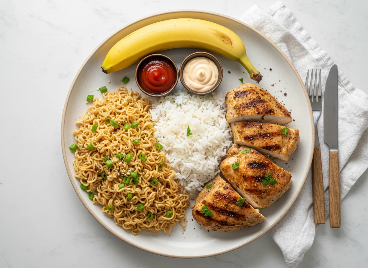 Instant Noodles, Rice, Grilled Chicken, and Banana Meal photo