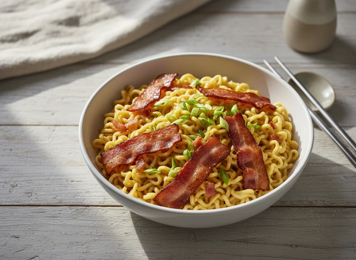 Instant Noodles with Bacon and Cheese Sauce photo