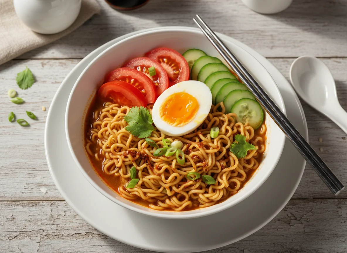 Instant Noodles with Egg and Salad photo