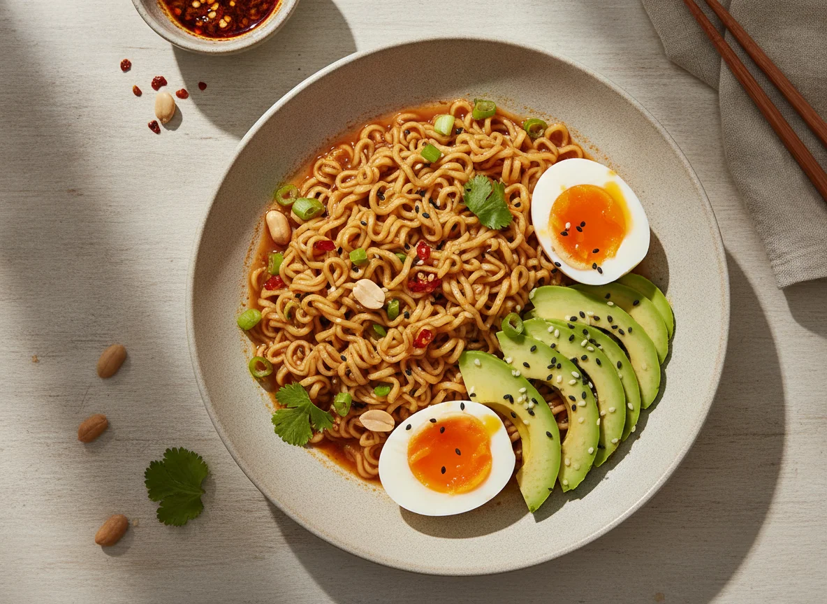 Instant Noodles with Eggs and Avocado photo