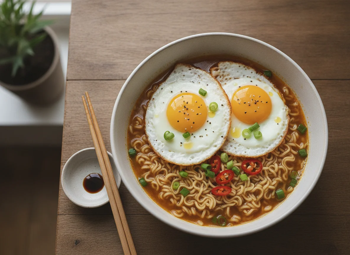 Instant noodles with fried eggs photo