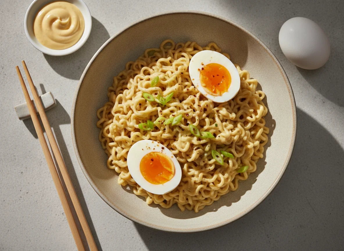 Instant Noodles with Hard-boiled Eggs and Creamy Sauce photo