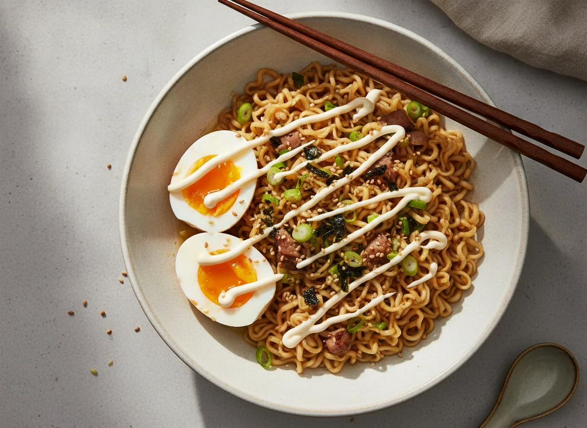 Instant Noodles with Hard-Boiled Eggs and Mayonnaise photo